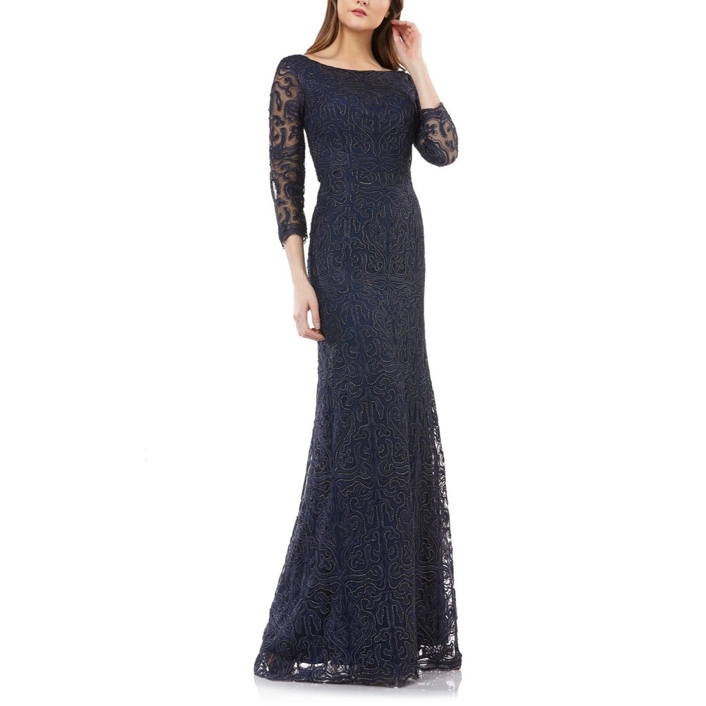 JS Collections Metallic Embroidered Lace Maxi Gown Dress Size 8 Navy Blue Formal